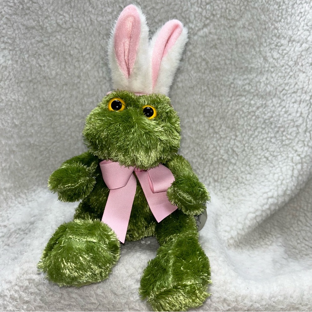 Animal Adventure 2008 green frog plush 12" wearing bunny ears tail easter plush